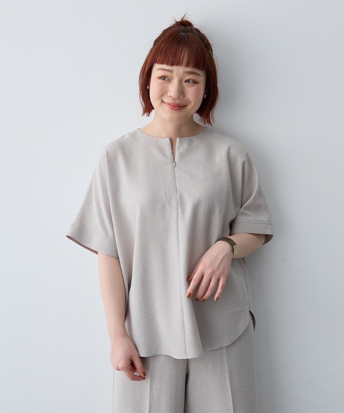 anyfee 【anyfee/大きいサイズ】リネン調ジップ付Tブラウス《接触冷感 ・UVカット・イージーケア 》_sub_3