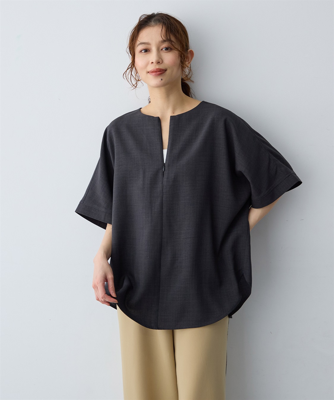 anyfee 【anyfee/大きいサイズ】リネン調ジップ付Tブラウス《接触冷感 ・UVカット・イージーケア 》_sub_6