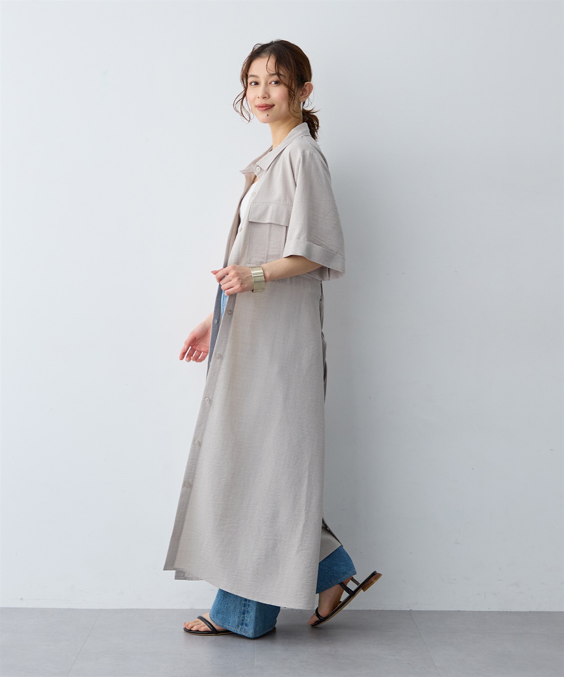 anyfee 【anyfee/大きいサイズ】リネン調サファリシャツワンピース《接触冷感 ・UVカット・イージーケア 》_sub_6