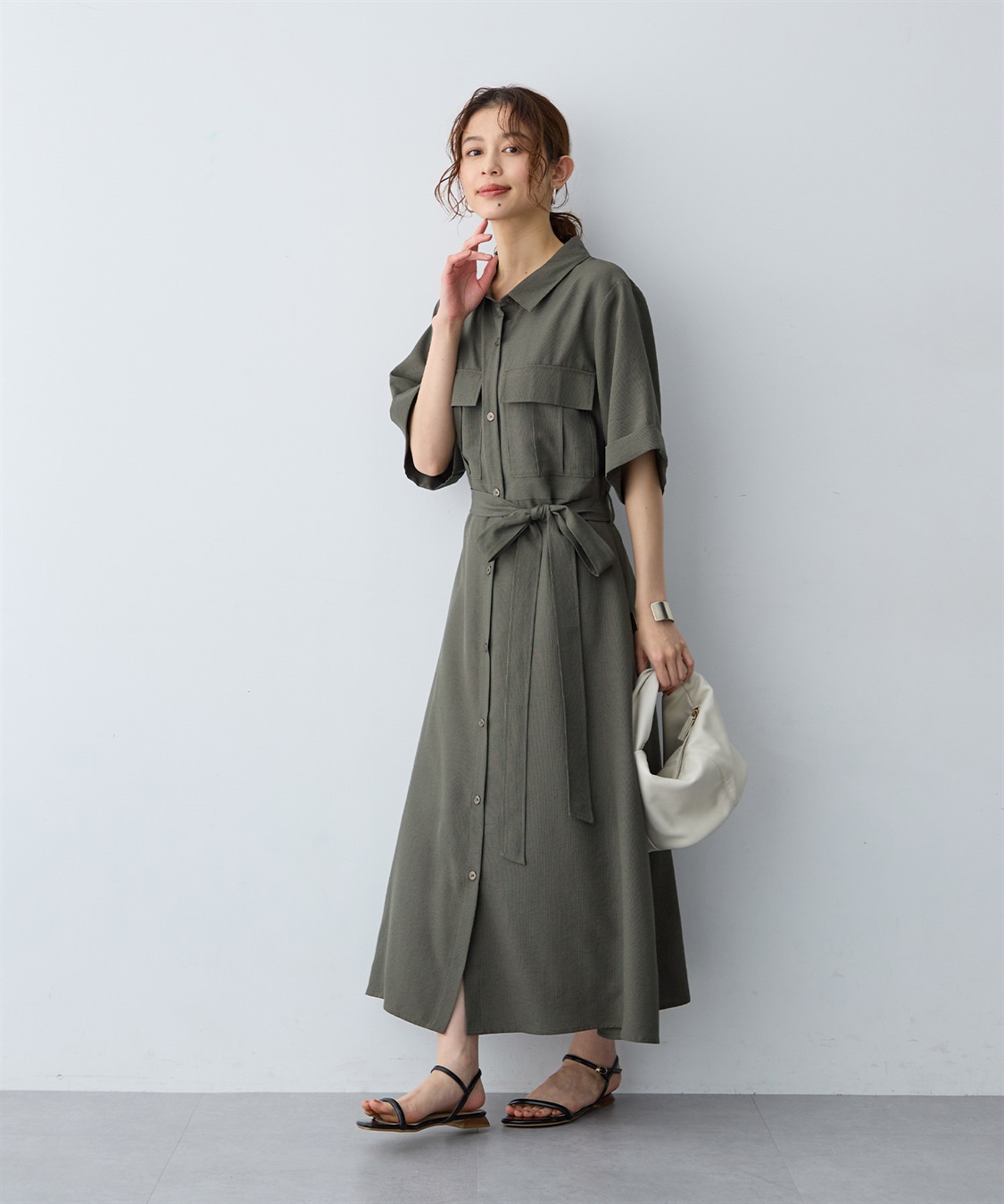 anyfee 【anyfee/大きいサイズ】リネン調サファリシャツワンピース《接触冷感 ・UVカット・イージーケア 》_sub_8