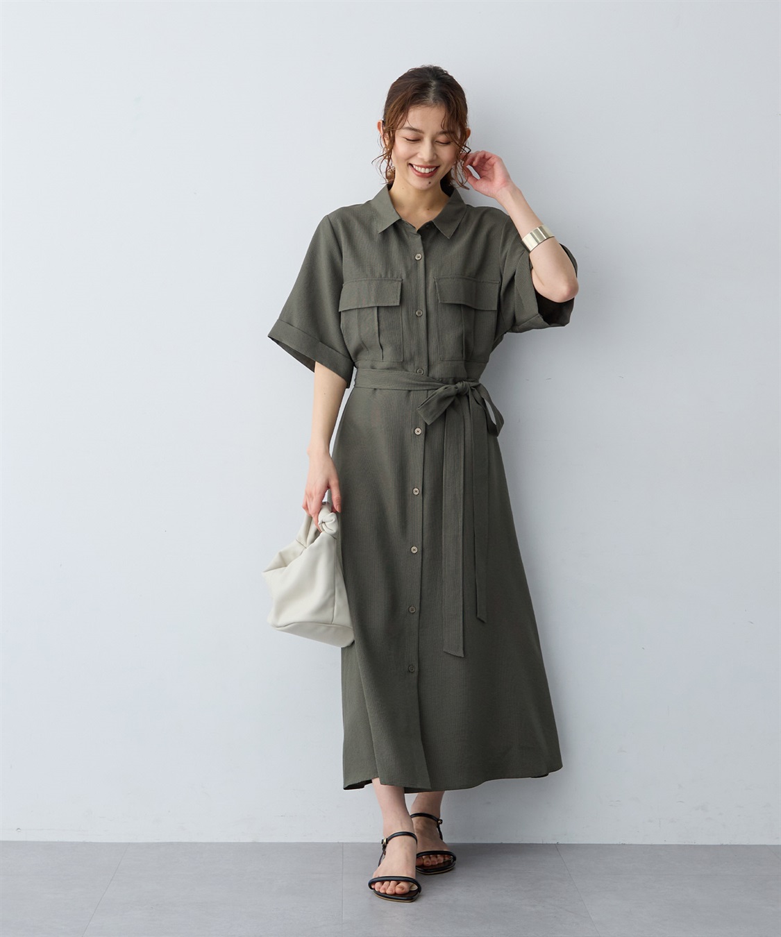 anyfee 【anyfee/大きいサイズ】リネン調サファリシャツワンピース《接触冷感 ・UVカット・イージーケア 》_sub_9