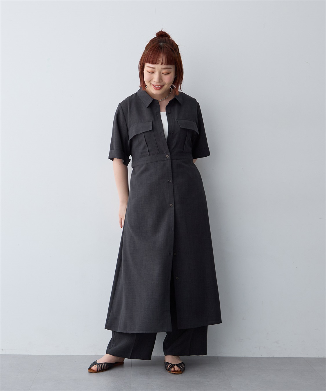 anyfee 【anyfee/大きいサイズ】リネン調サファリシャツワンピース《接触冷感 ・UVカット・イージーケア 》_sub_12
