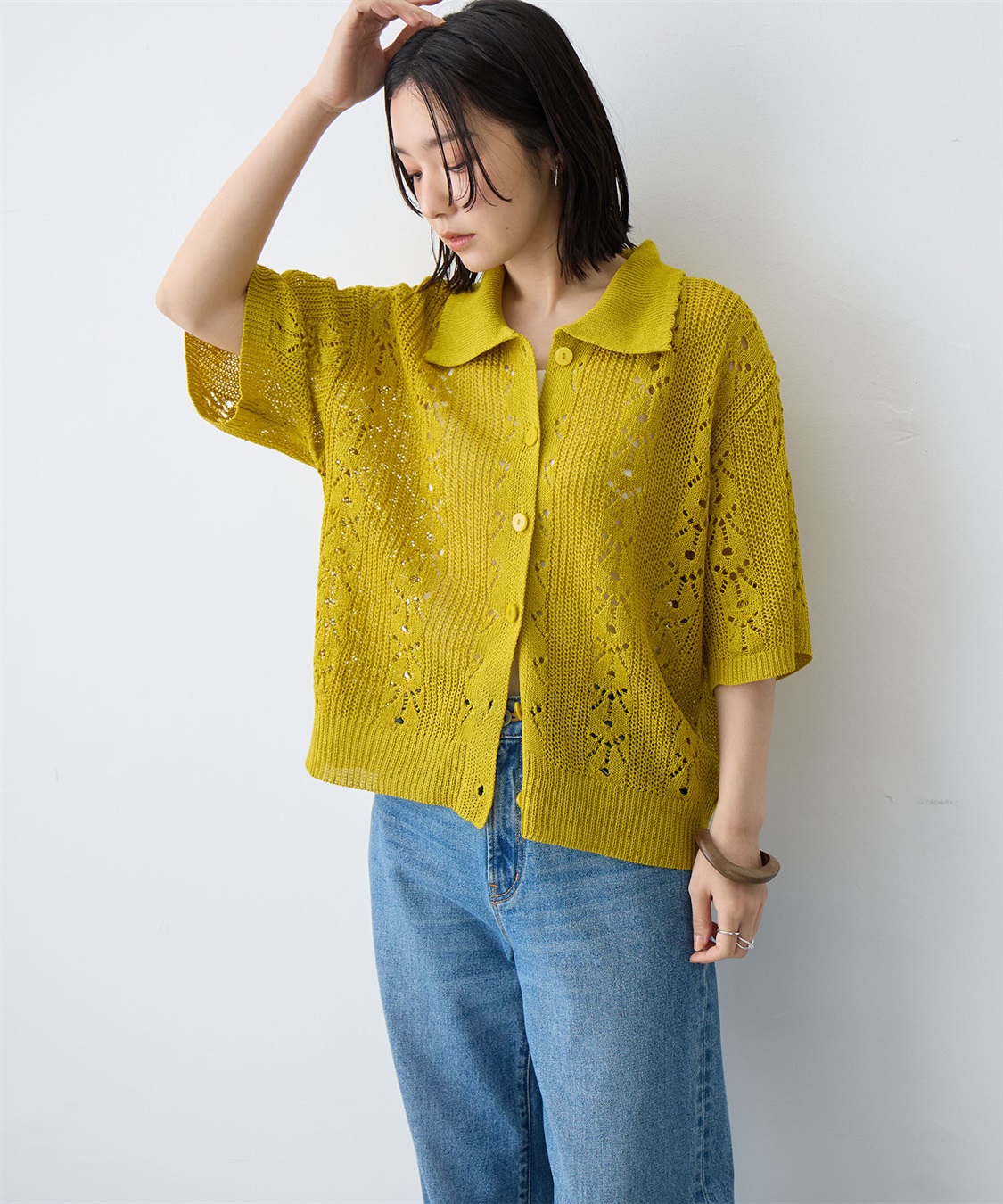 anyfee 【anyfee/大きいサイズ】襟付き透かし編みトップス_sub_2