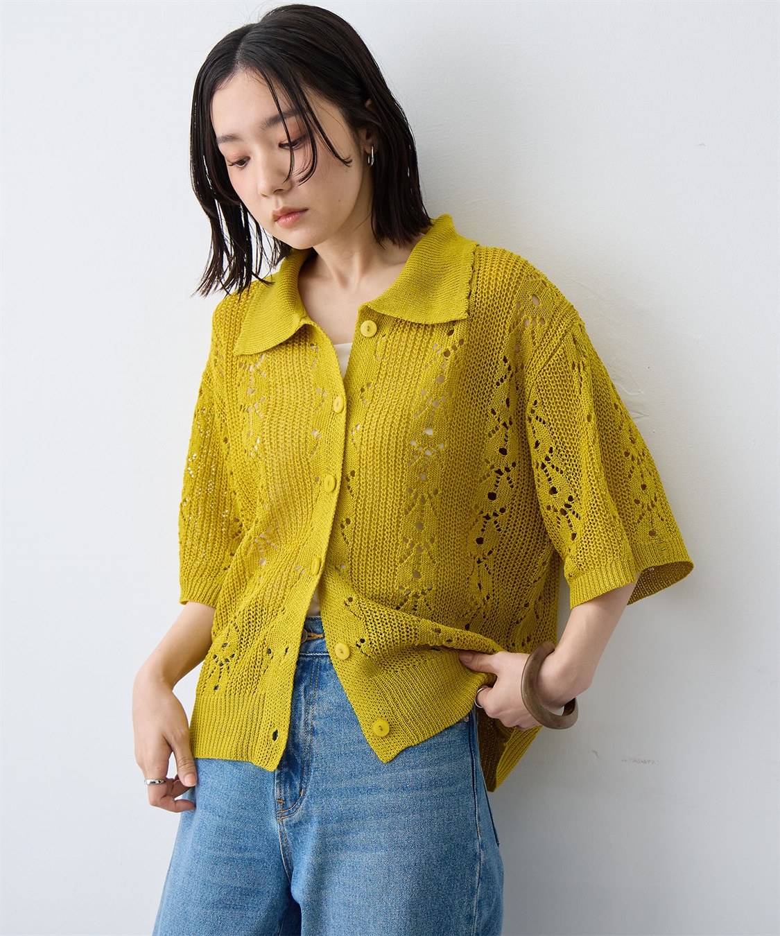 anyfee 【anyfee/大きいサイズ】襟付き透かし編みトップス_sub_4