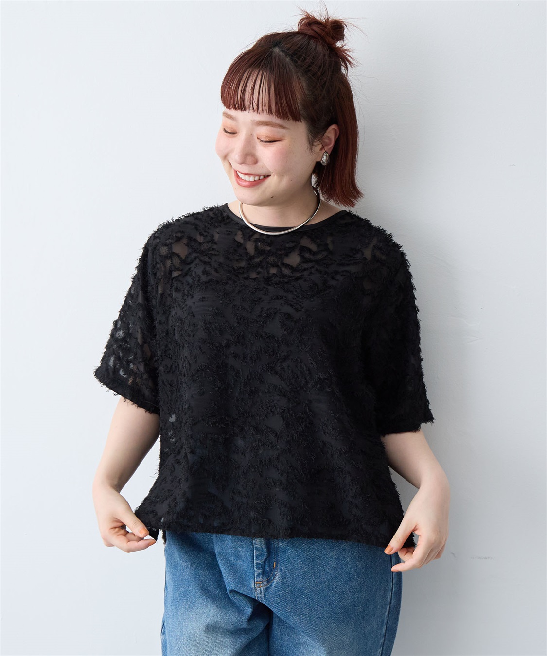 anyfee 【anyfee/大きいサイズ】ニュアンス柄シアージャガードブラウス_sub_1