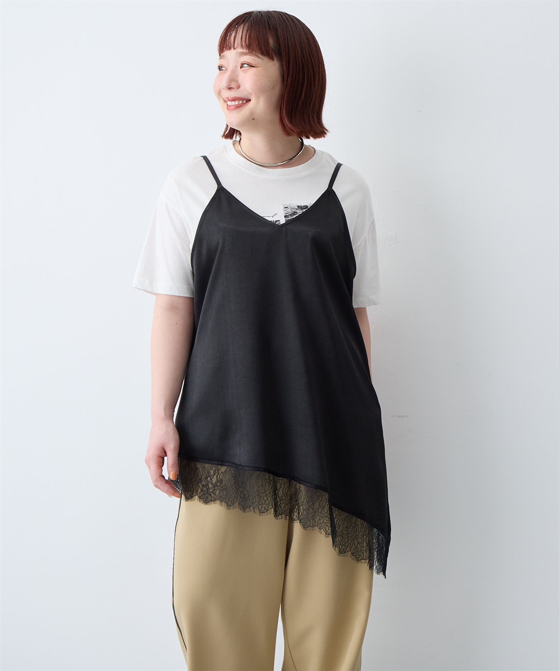 anyfee 【anyfee/大きいサイズ】サテンアシメレースキャミソール/チュニック（2026SS）_sub_1