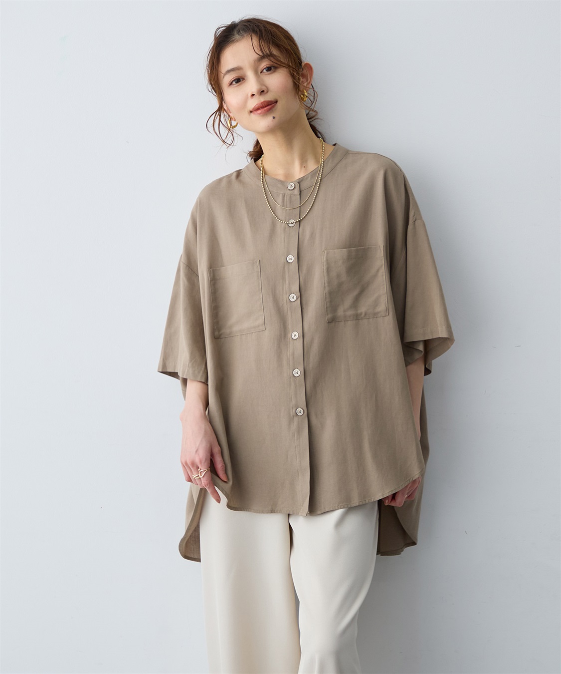 anyfee 【anyfee/大きいサイズ】ノーカラーゆるチュニックシャツ_sub_2