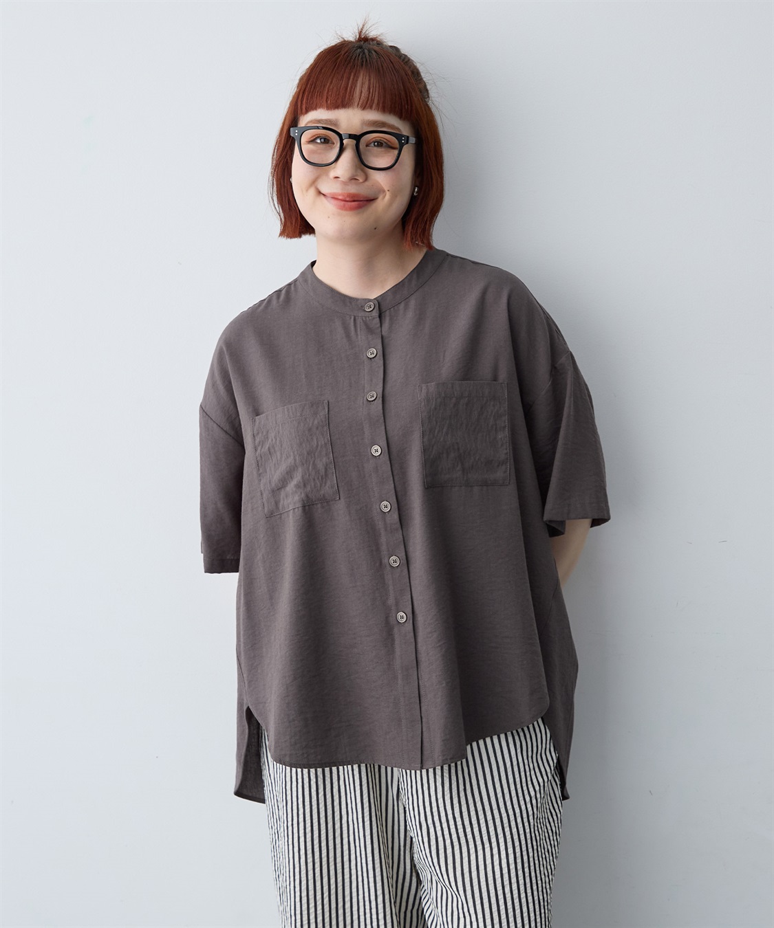 anyfee 【anyfee/大きいサイズ】ノーカラーゆるチュニックシャツ_sub_4