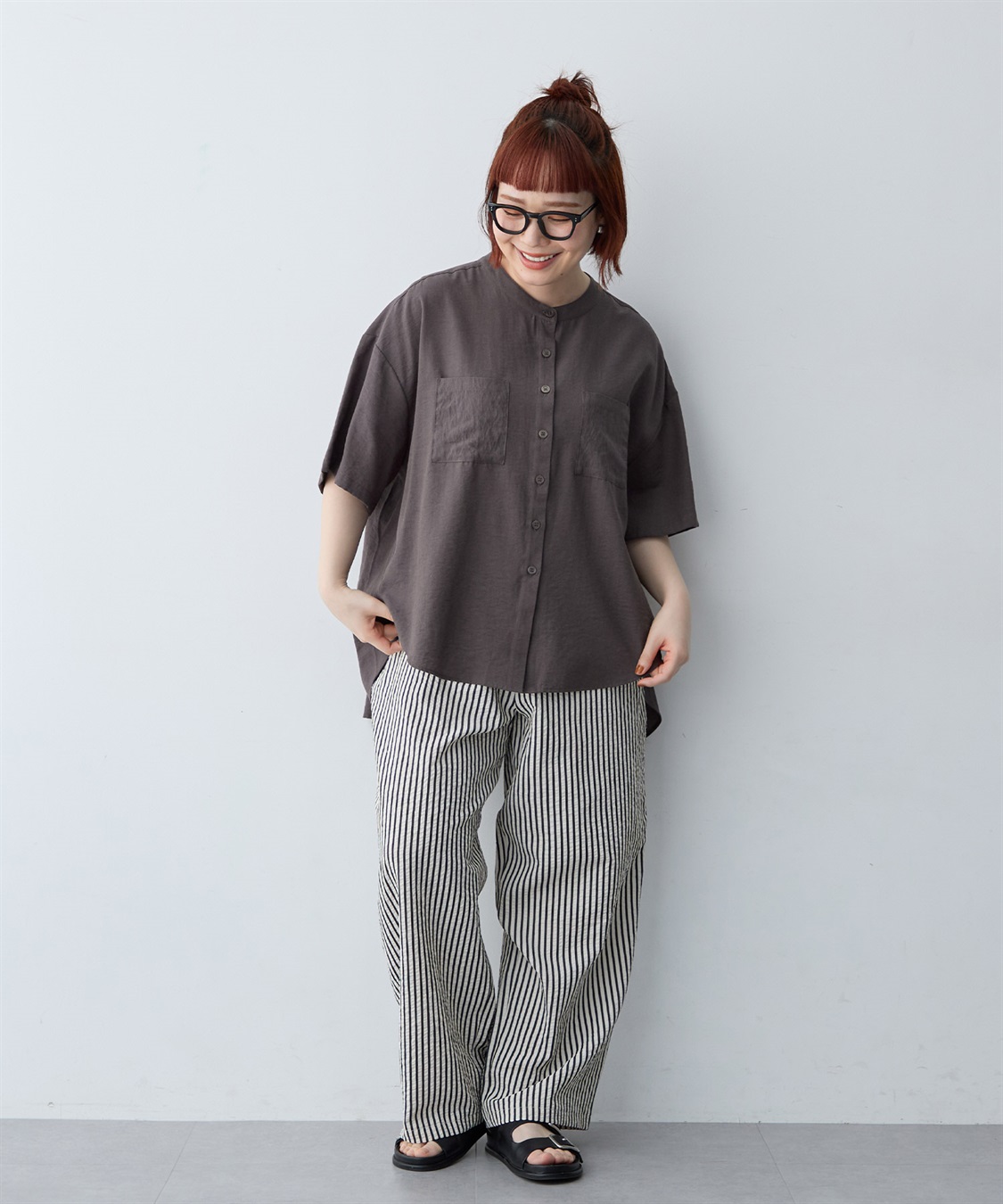 anyfee 【anyfee/大きいサイズ】ノーカラーゆるチュニックシャツ_sub_6