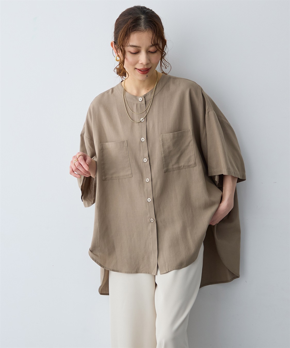 anyfee 【anyfee/大きいサイズ】ノーカラーゆるチュニックシャツ_sub_16