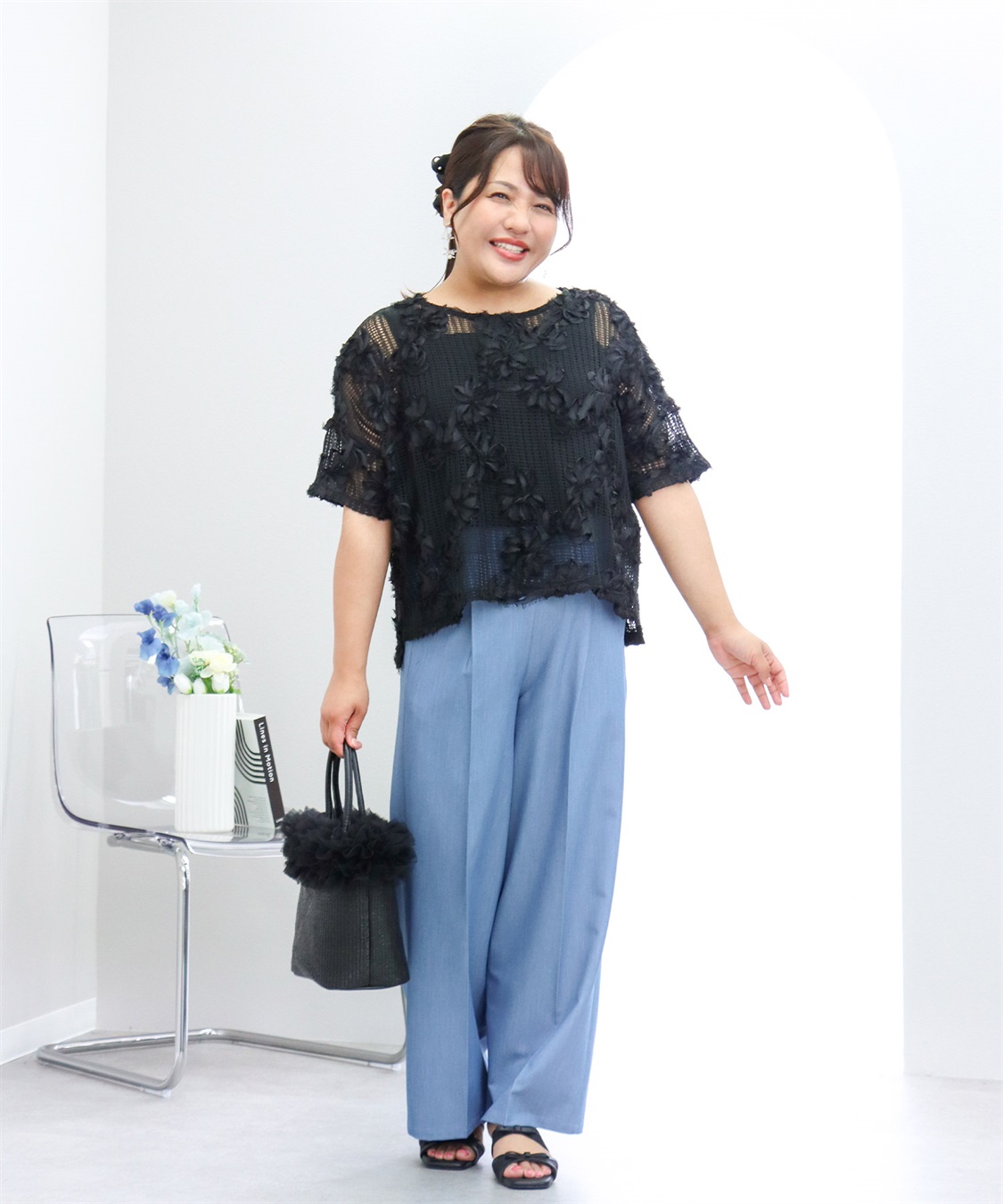 anyfee×HINAコラボ】フラワーレースメッシュ半袖トップス《大きい