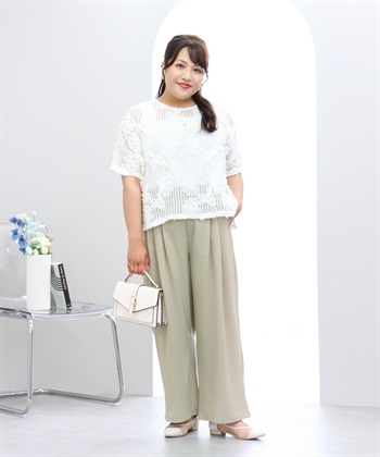 anyfee×HINAコラボ】フラワーレースメッシュ半袖トップス《大きい