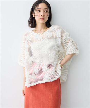 anyfee×HINAコラボ】裾アシメフラワーレースメッシュ半袖トップス