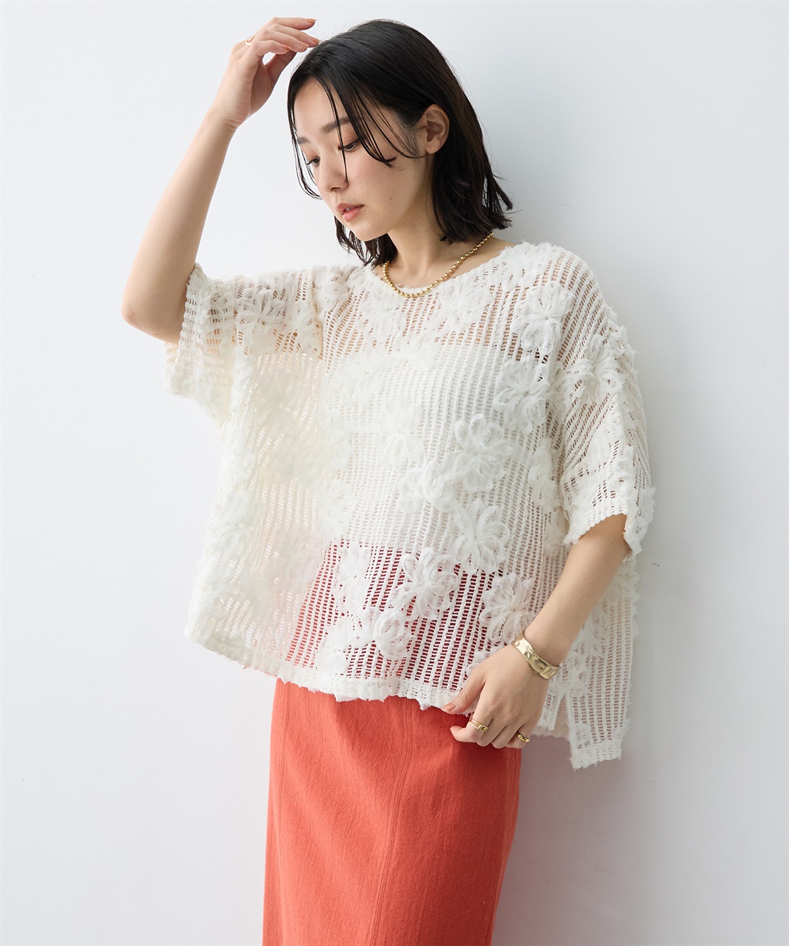 anyfee×HINAコラボ】フラワーレースメッシュ半袖トップス《大きい
