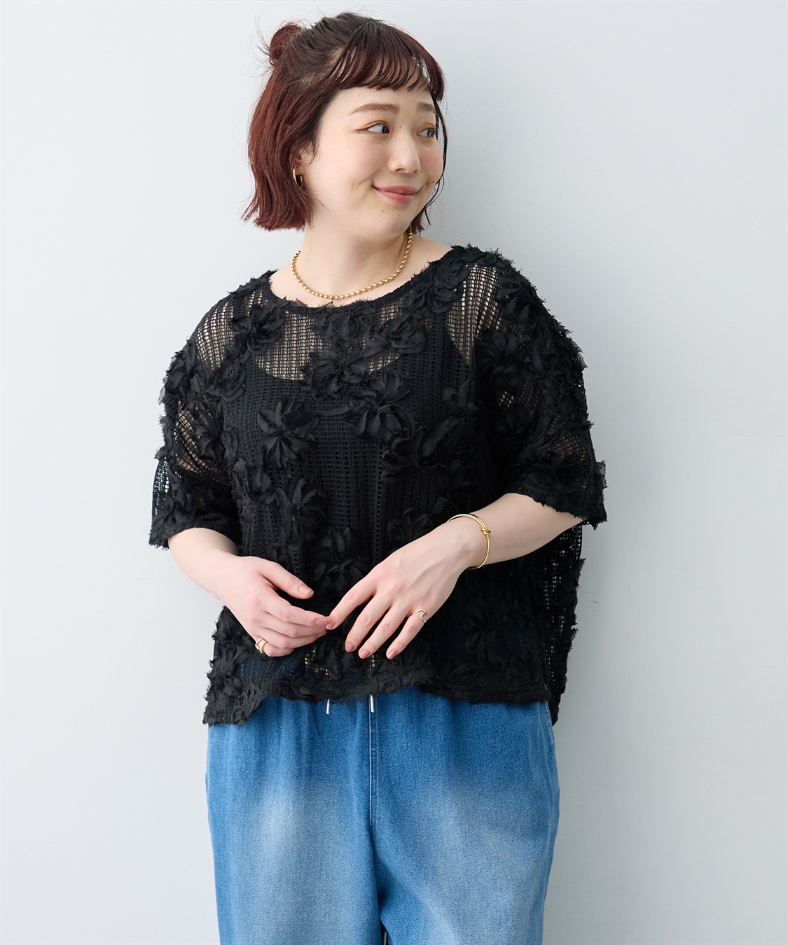 anyfee 【anyfee×HINAコラボ】フラワーレースメッシュ半袖トップス《大きいサイズ》_sub_15