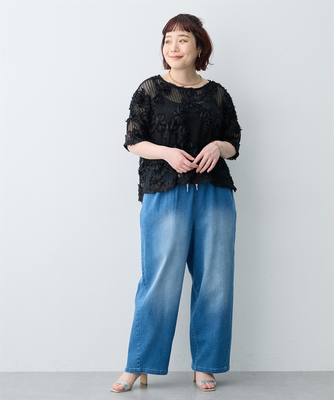 anyfee 【anyfee×HINAコラボ】フラワーレースメッシュ半袖トップス《大きいサイズ》_sub_20