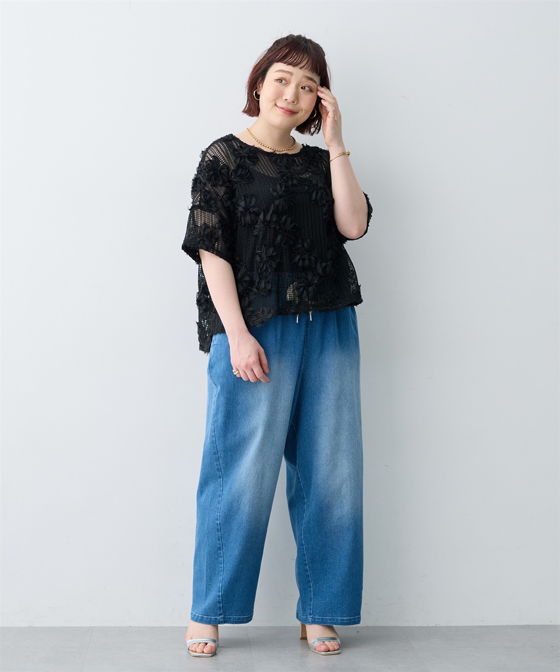 anyfee 【anyfee×HINAコラボ】フラワーレースメッシュ半袖トップス《大きいサイズ》_sub_21