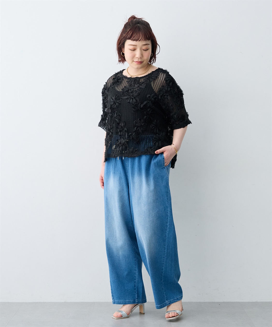 anyfee 【anyfee×HINAコラボ】フラワーレースメッシュ半袖トップス《大きいサイズ》_sub_22