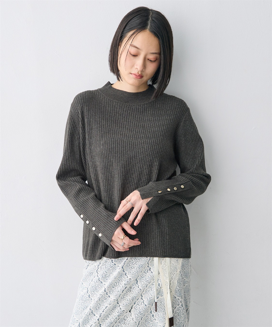 anyfee 【anyfee/大きいサイズ】袖釦プチハイニットプルオーバー_sub_1