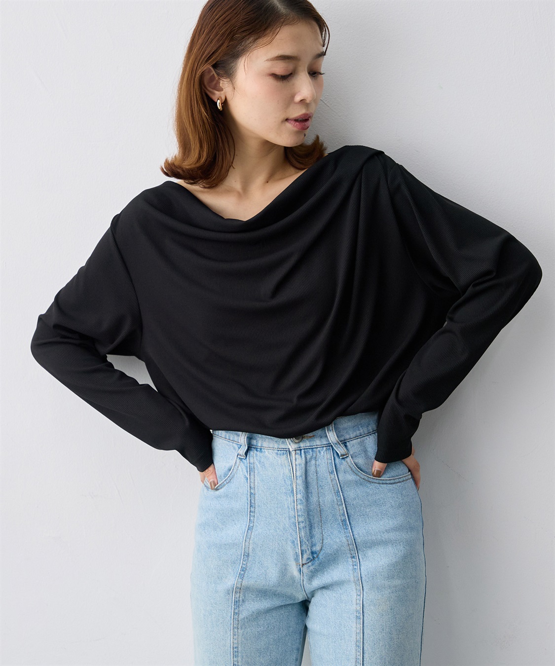anyfee 【anyfee/大きいサイズ】リブドレープネック長袖Tシャツ（2026AW）_sub_2
