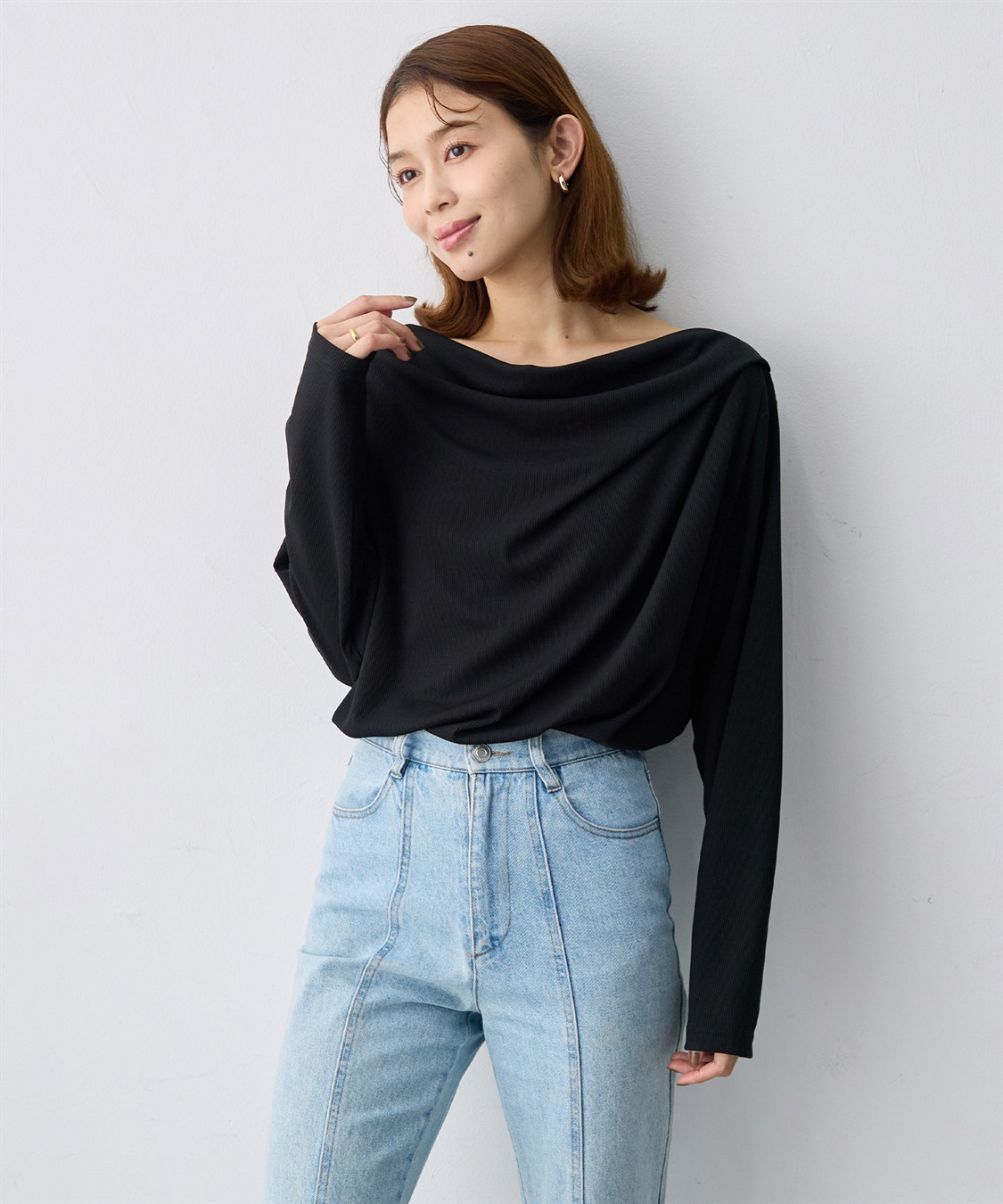anyfee 【anyfee/大きいサイズ】リブドレープネック長袖Tシャツ（2026AW）_sub_4