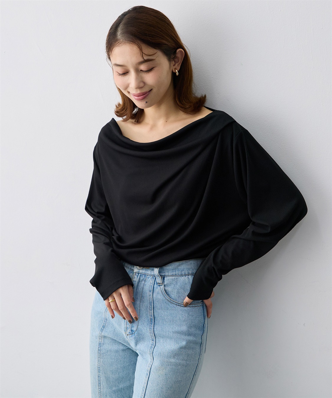 anyfee 【anyfee/大きいサイズ】リブドレープネック長袖Tシャツ（2026AW）_sub_5