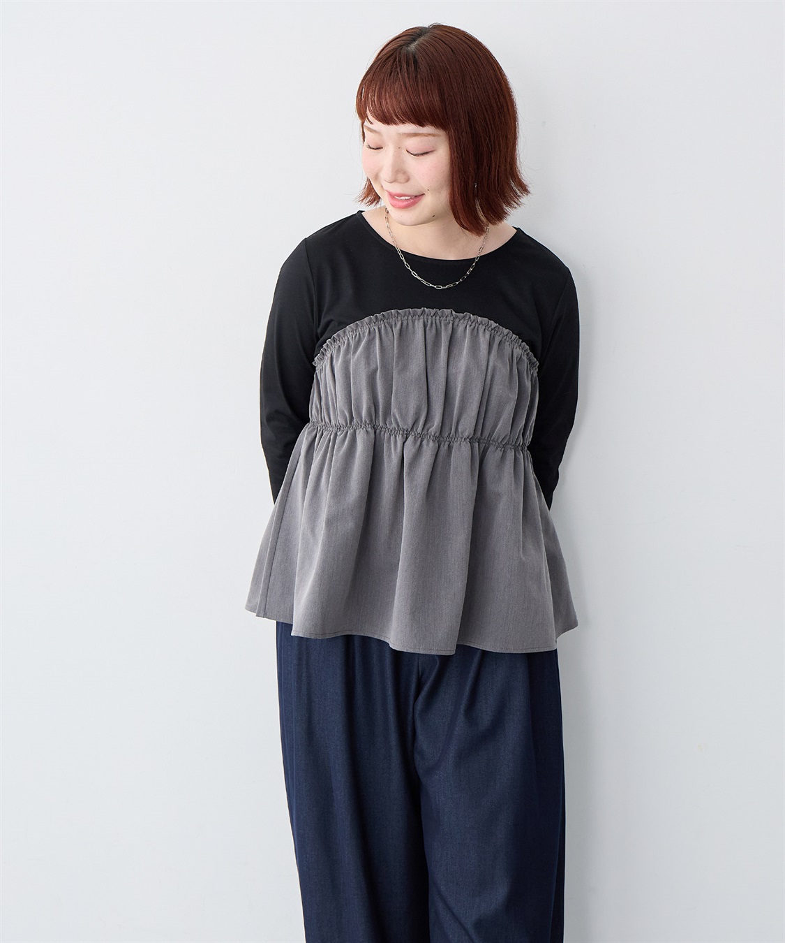 anyfee 【anyfee/大きいサイズ】ビスチェ風異素材ドッキングシャーリングトップス_sub_10