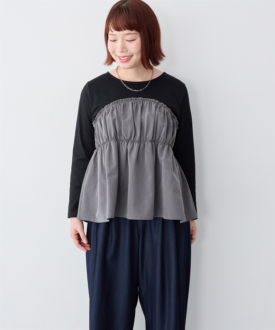anyfee 【anyfee/大きいサイズ】ビスチェ風異素材ドッキングシャーリングトップス_sub_13