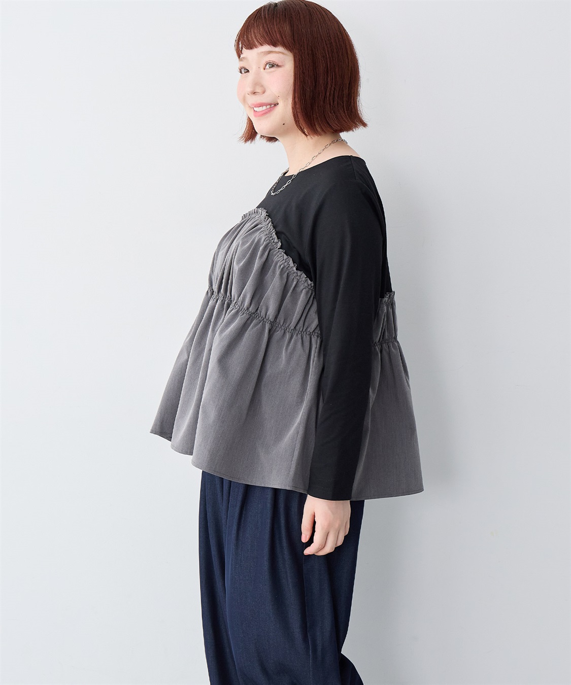 anyfee 【anyfee/大きいサイズ】ビスチェ風異素材ドッキングシャーリングトップス_sub_14