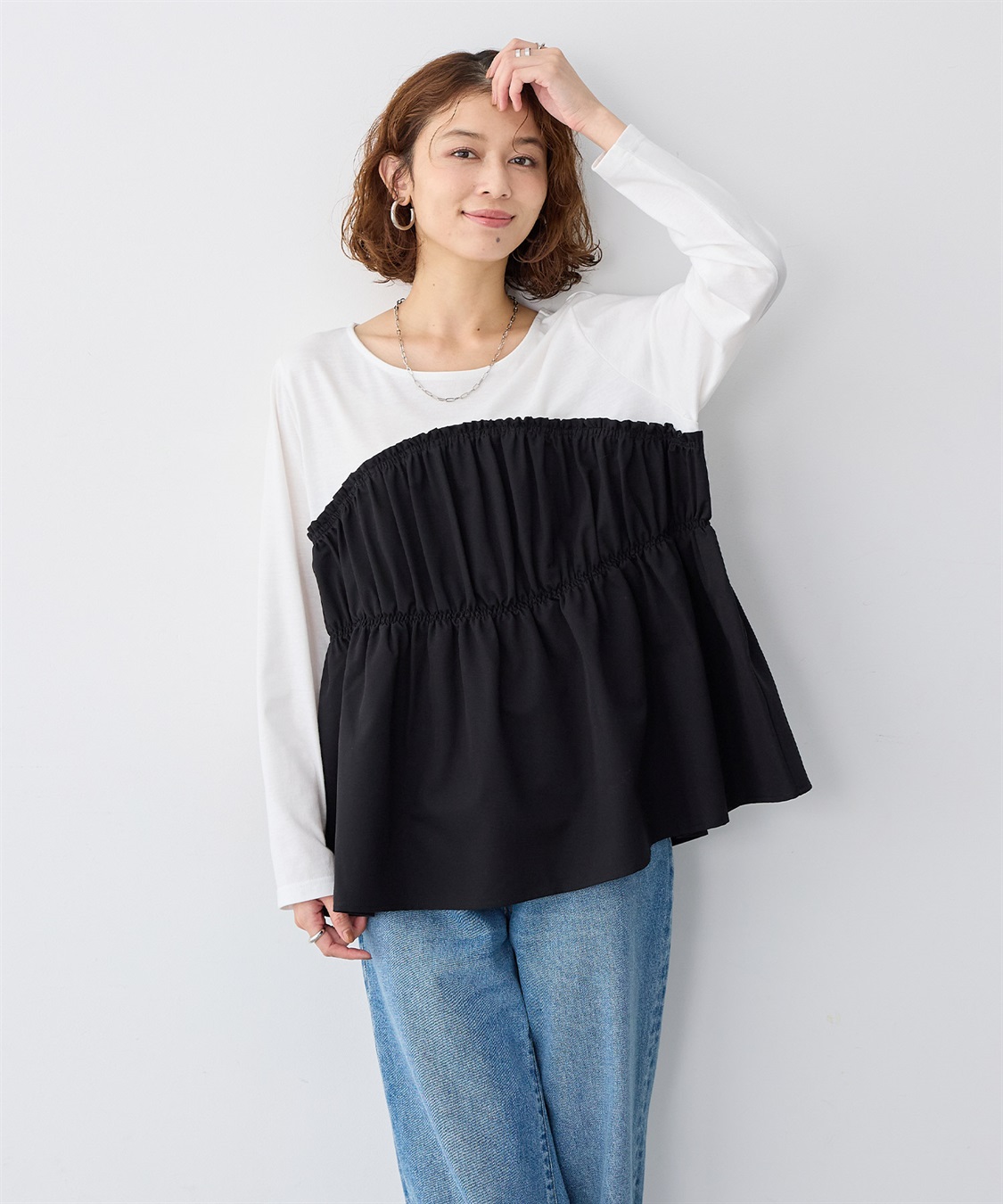 anyfee 【anyfee/大きいサイズ】ビスチェ風異素材ドッキングシャーリングトップス_sub_17