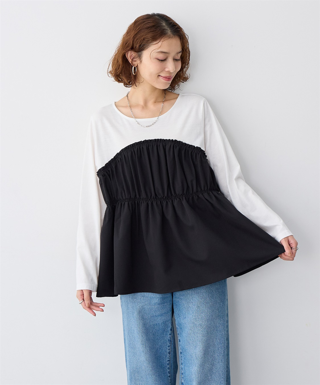anyfee 【anyfee/大きいサイズ】ビスチェ風異素材ドッキングシャーリングトップス_sub_18