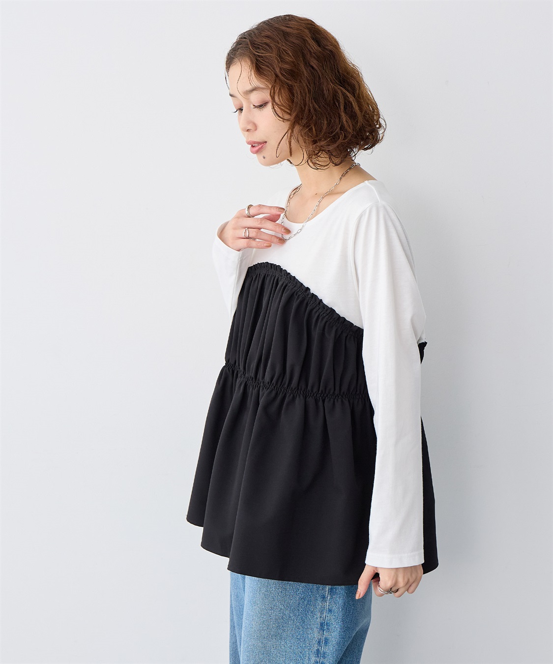 anyfee 【anyfee/大きいサイズ】ビスチェ風異素材ドッキングシャーリングトップス_sub_19