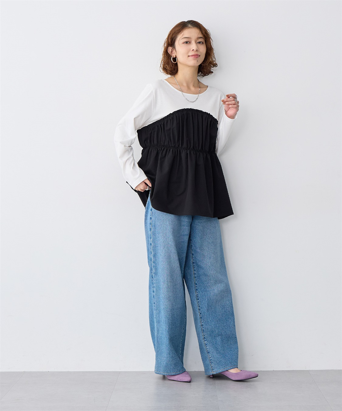 anyfee 【anyfee/大きいサイズ】ビスチェ風異素材ドッキングシャーリングトップス_sub_21