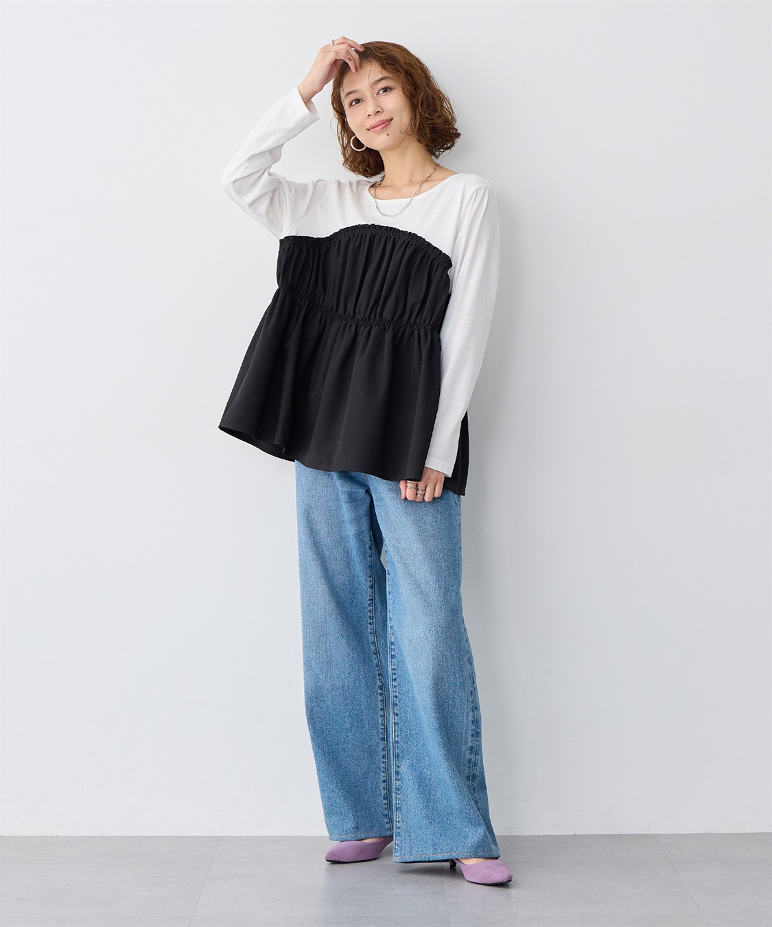 anyfee 【anyfee/大きいサイズ】ビスチェ風異素材ドッキングシャーリングトップス_sub_22