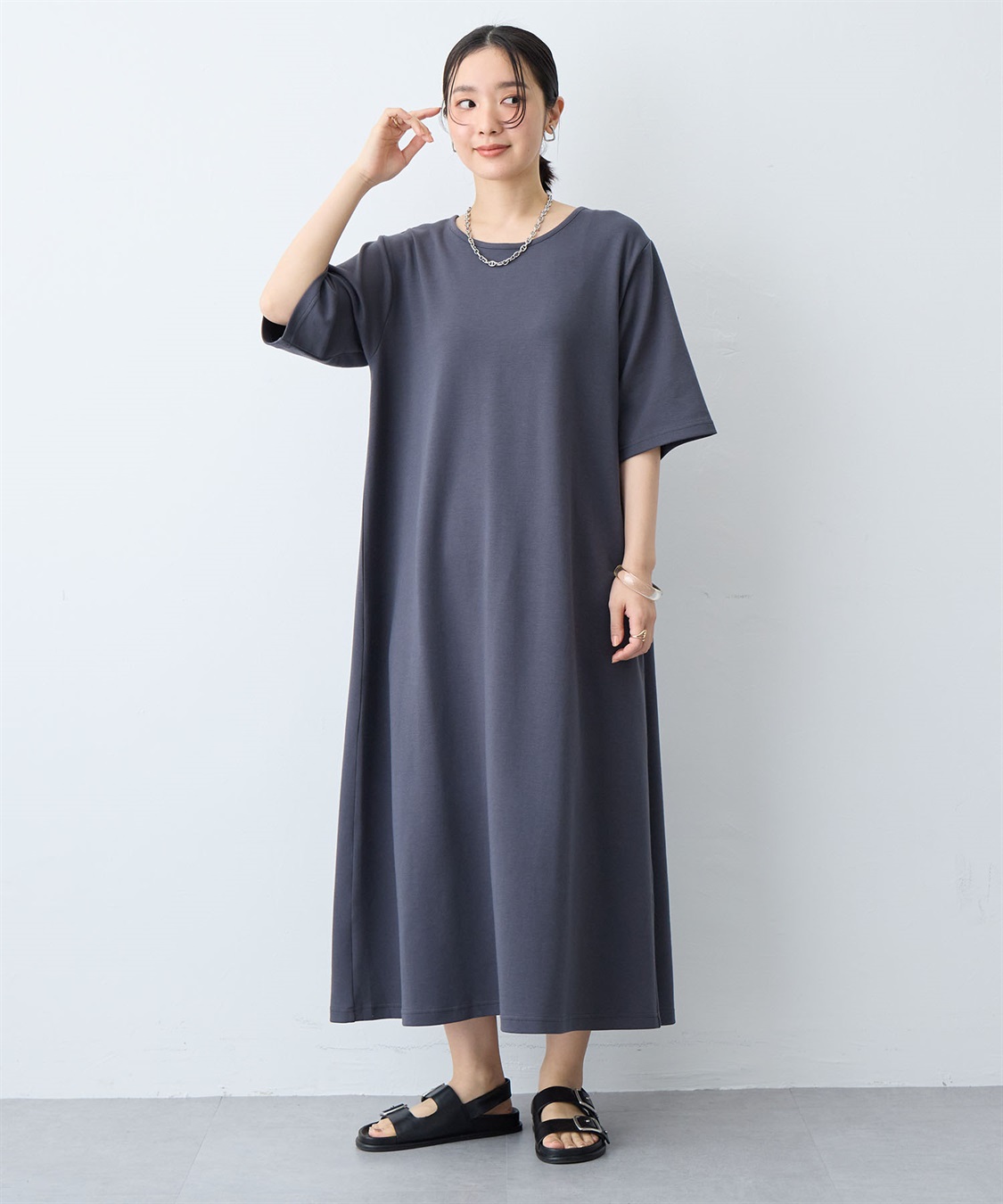 anyfee 【anyfee/大きいサイズ】着てサラなめらかポンチ素材Aラインワンピース《接触冷感・吸水速乾》_sub_5