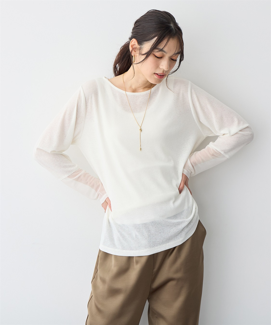 anyfee 【anyfee/プラスサイズ】天竺編み袖チュールカットソー_sub_1