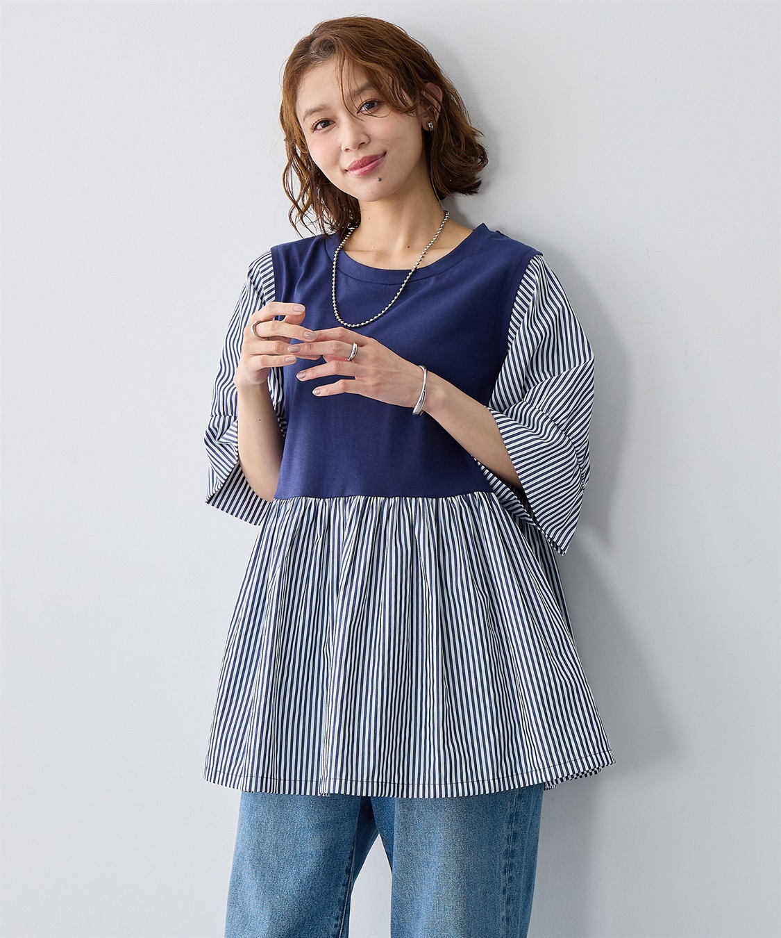 anyfee 【anyfee/大きいサイズ】異素材ドッキングペプラムプルオーバー_sub_5