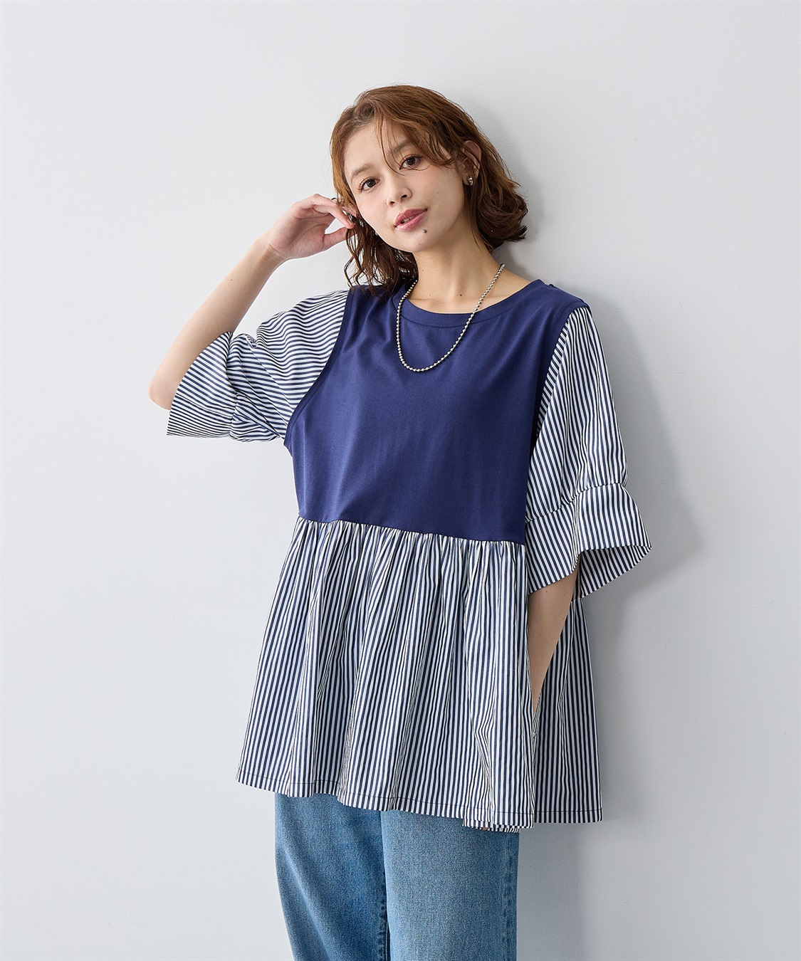 anyfee 【anyfee/大きいサイズ】異素材ドッキングペプラムプルオーバー_sub_7