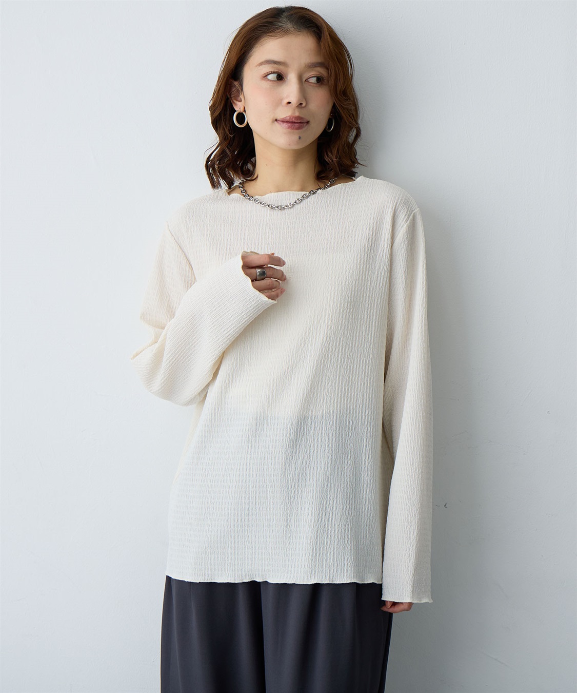 Life Style by cross marche 【anyfee/大きいサイズ】楊柳メロー長袖トップス_sub_2