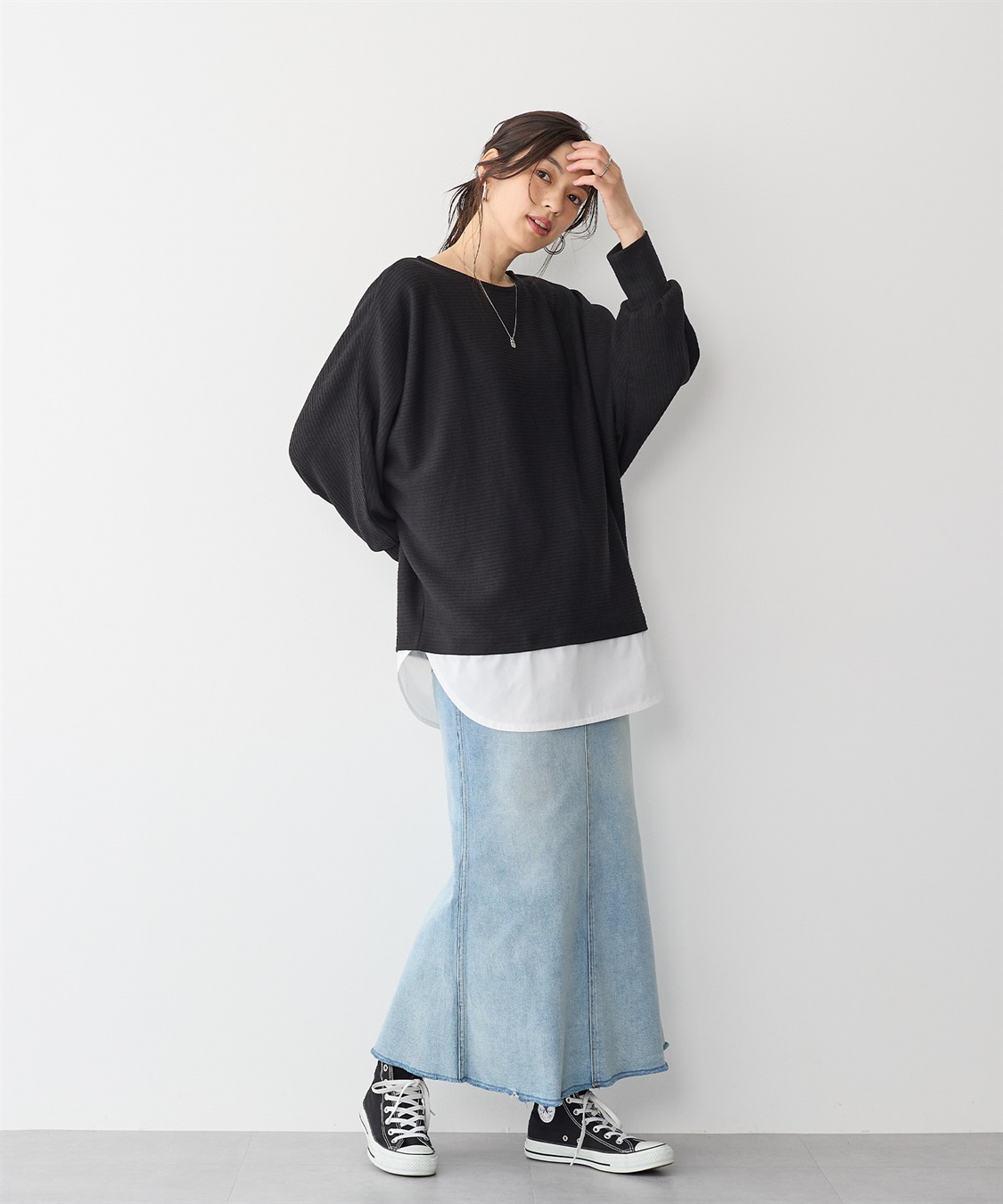 anyfee/プラスサイズ】レイヤード風ドルマンスリーブプル