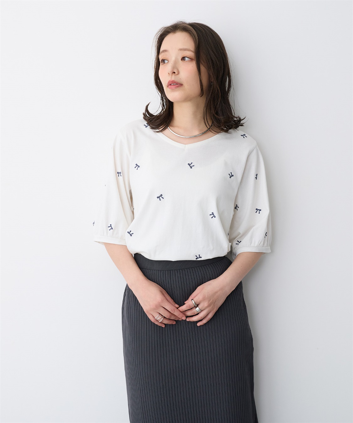 Life Style by cross marche 【anyfee/プラスサイズ】リボン刺繍Tシャツ_sub_10