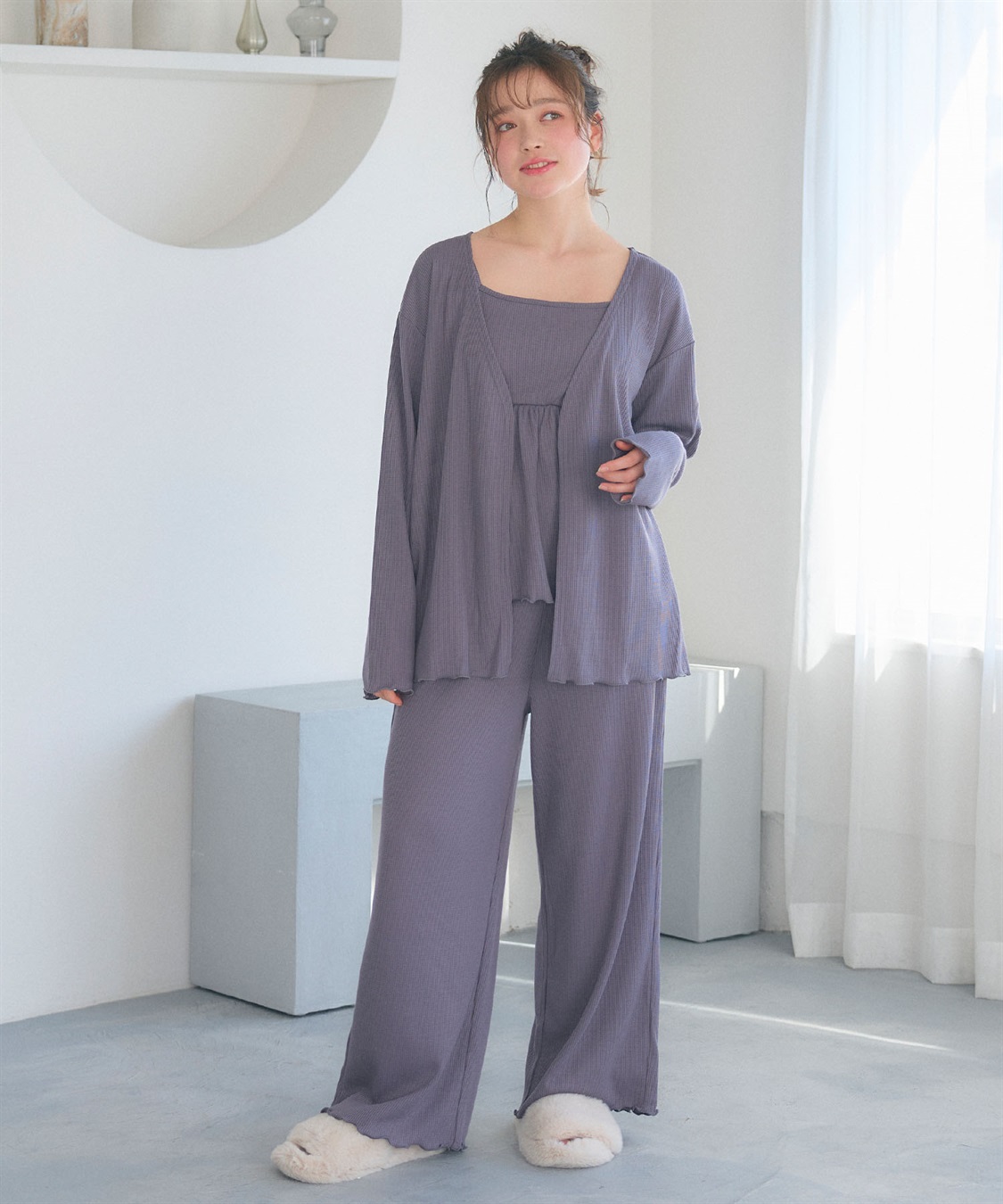 Life Style by cross marche 【LAFUKU/ラフク】カップ付きワッフルキャミソール&フレアパンツルームウェア3点SET_sub_4