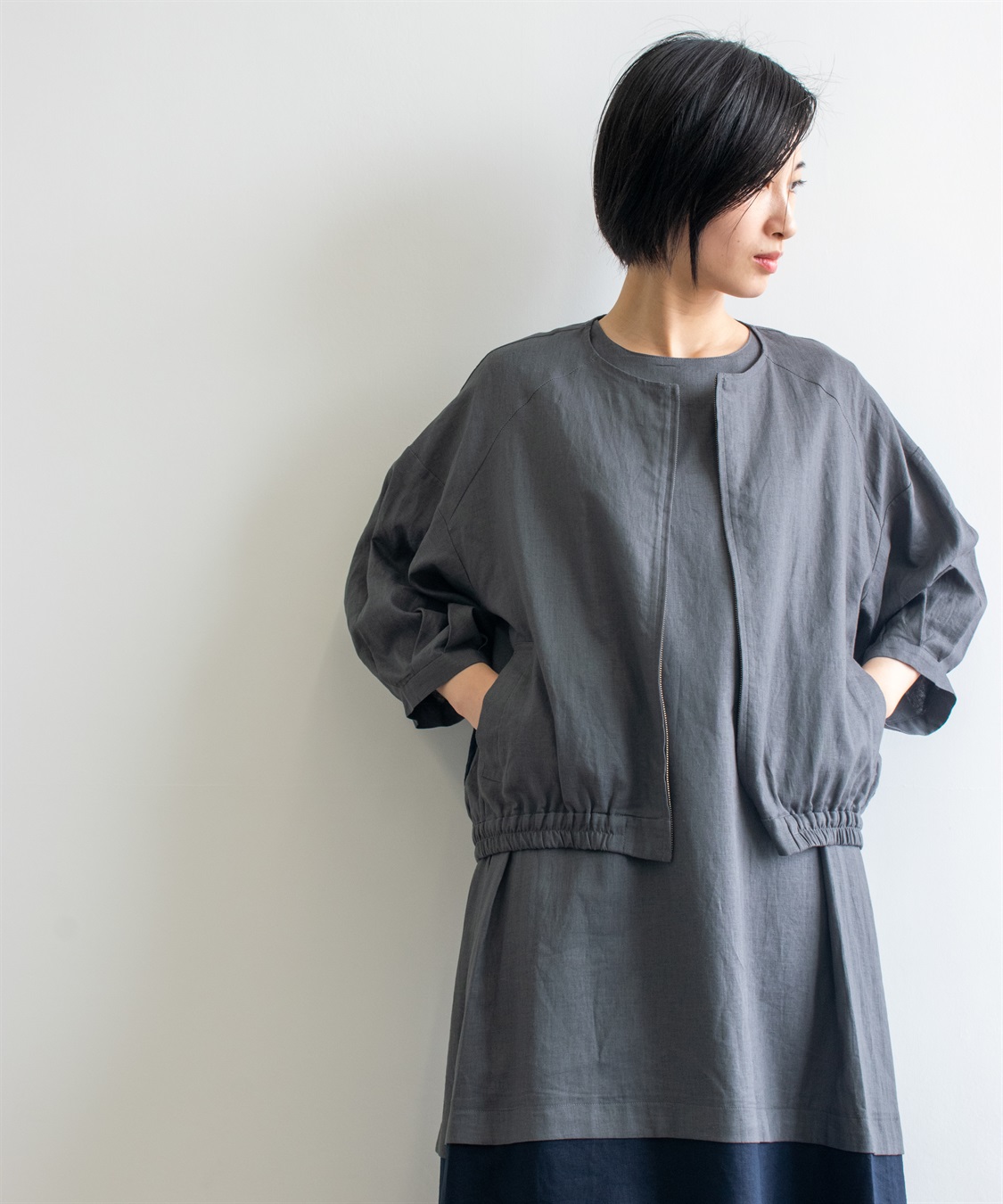 ATS リネン混タックスリーブノーカラーブルゾン_sub_1