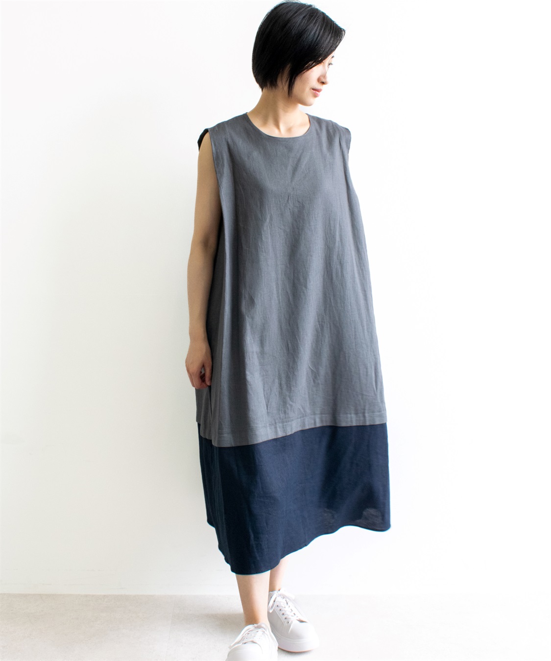 ATS リネン混ノースリーブタックワンピース_sub_2