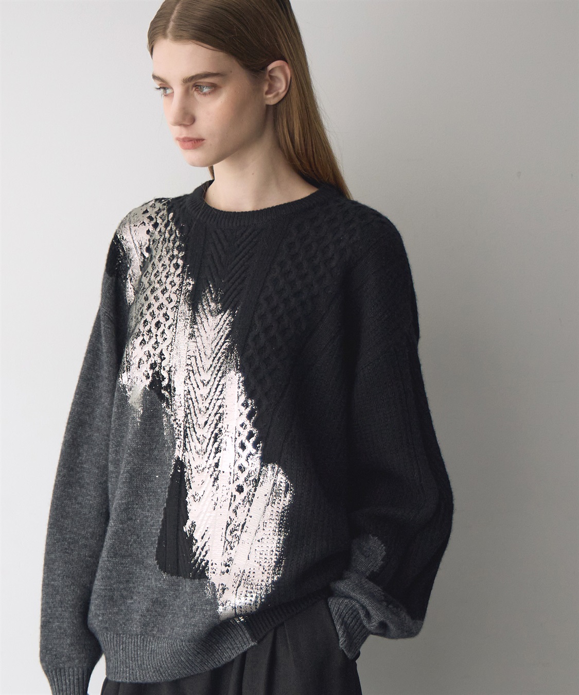 ATSURO TAYAMA 箔プリント編み柄ミックスセーター_sub_2