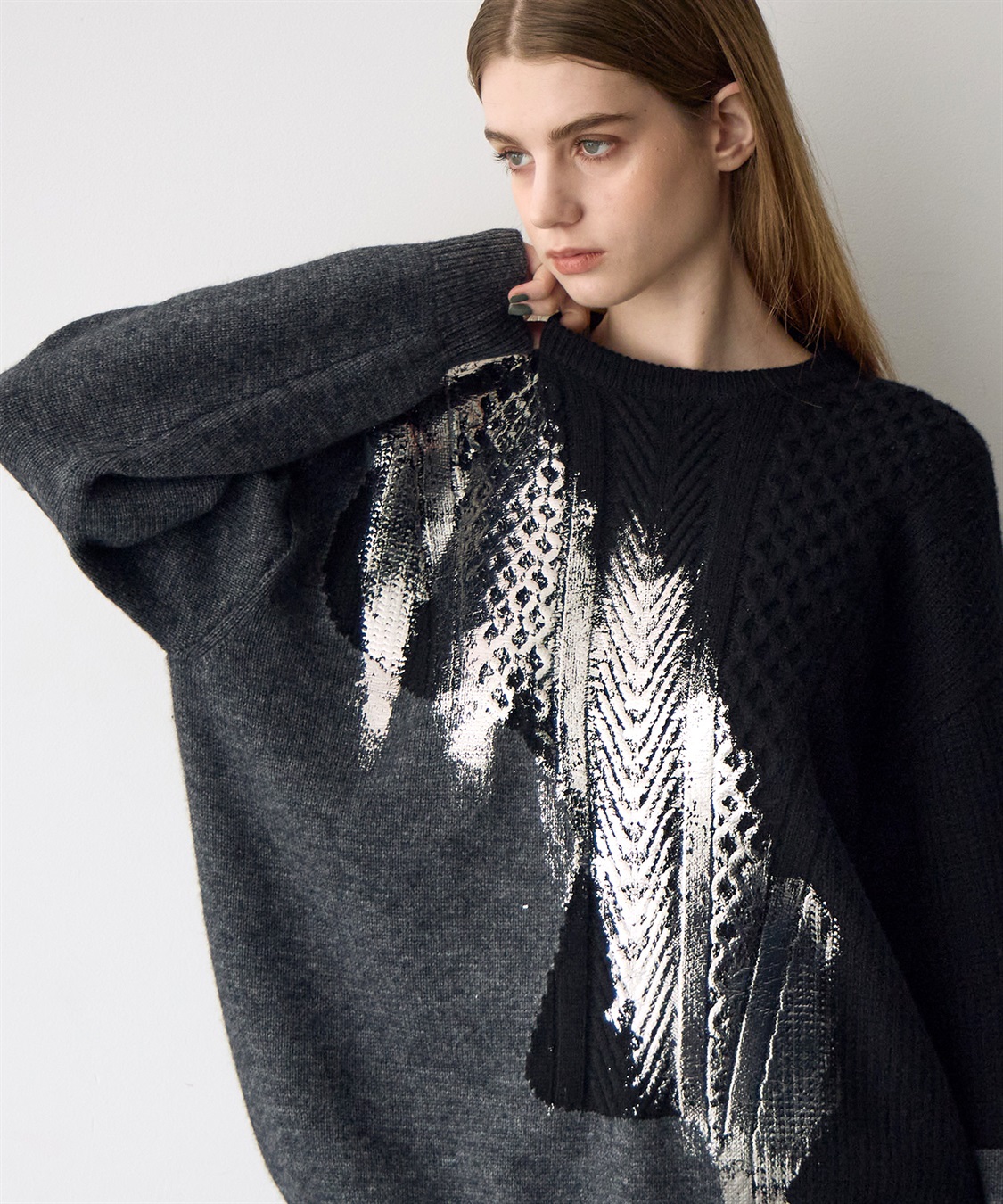 ATSURO TAYAMA 箔プリント編み柄ミックスセーター_sub_3