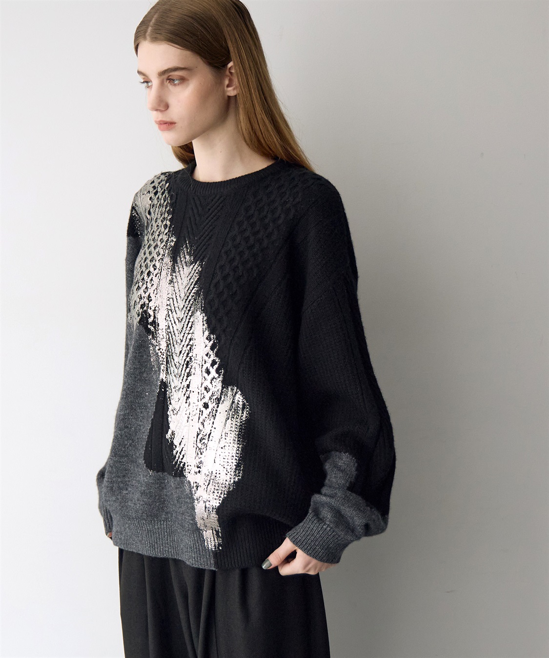 ATSURO TAYAMA 箔プリント編み柄ミックスセーター_sub_4
