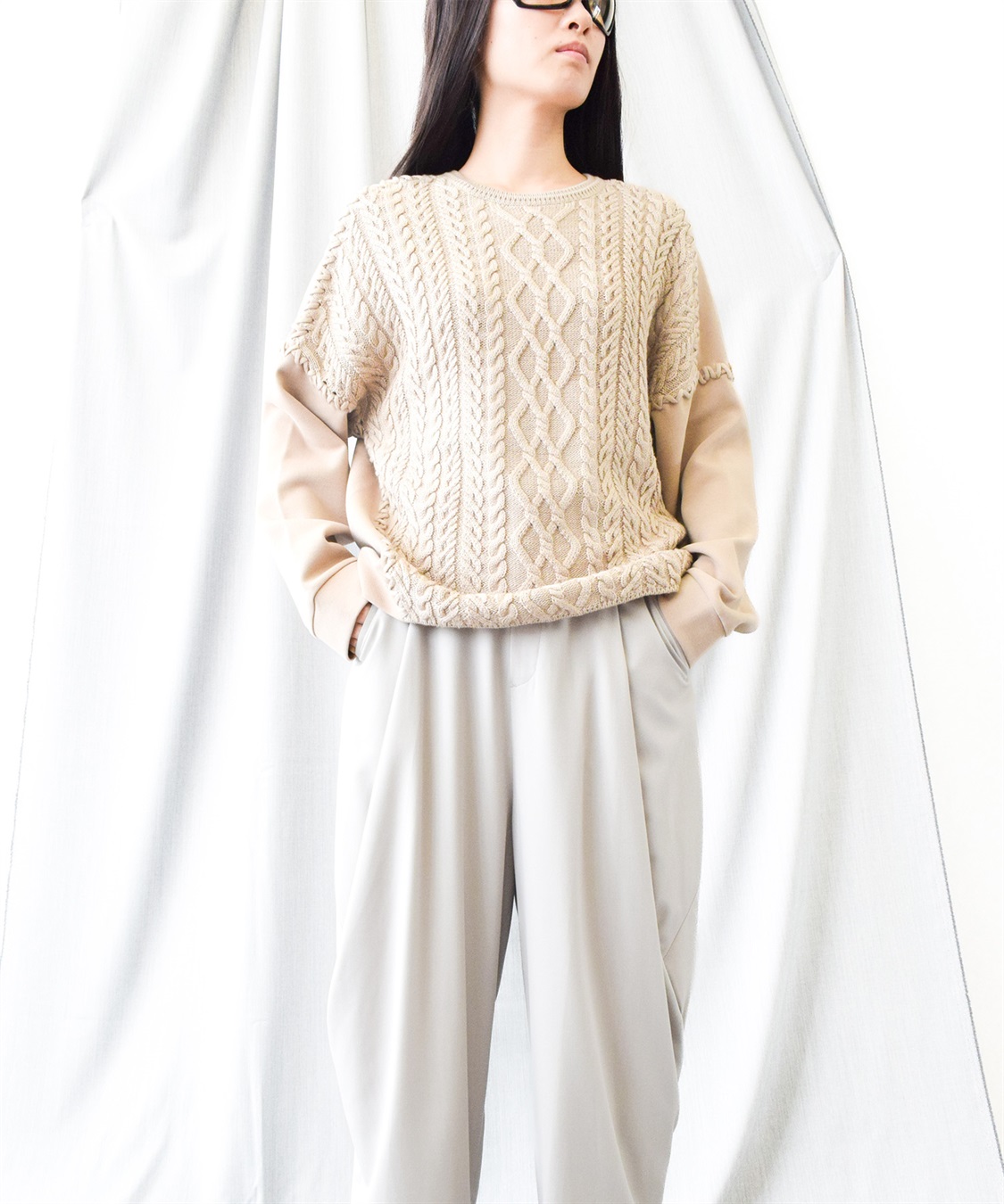 ATSURO TAYAMA ケーブルニット切り替えプルオーバー_sub_1