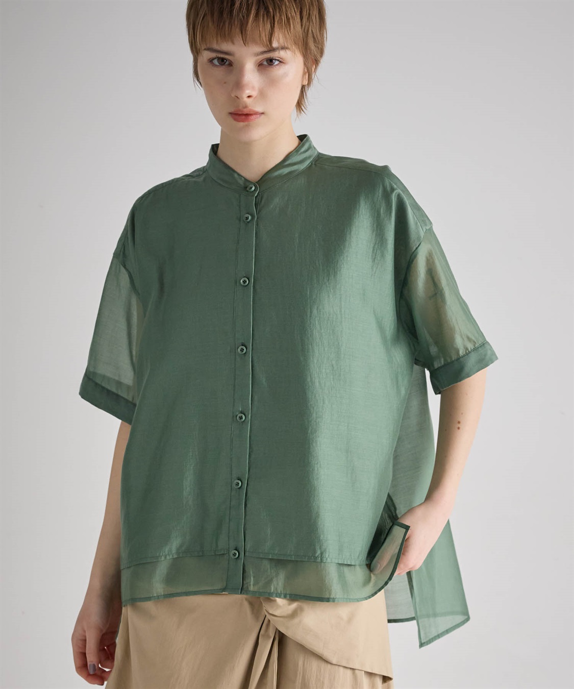 ATSURO TAYAMA シアーポプリン半袖バンドカラーシャツ_sub_1