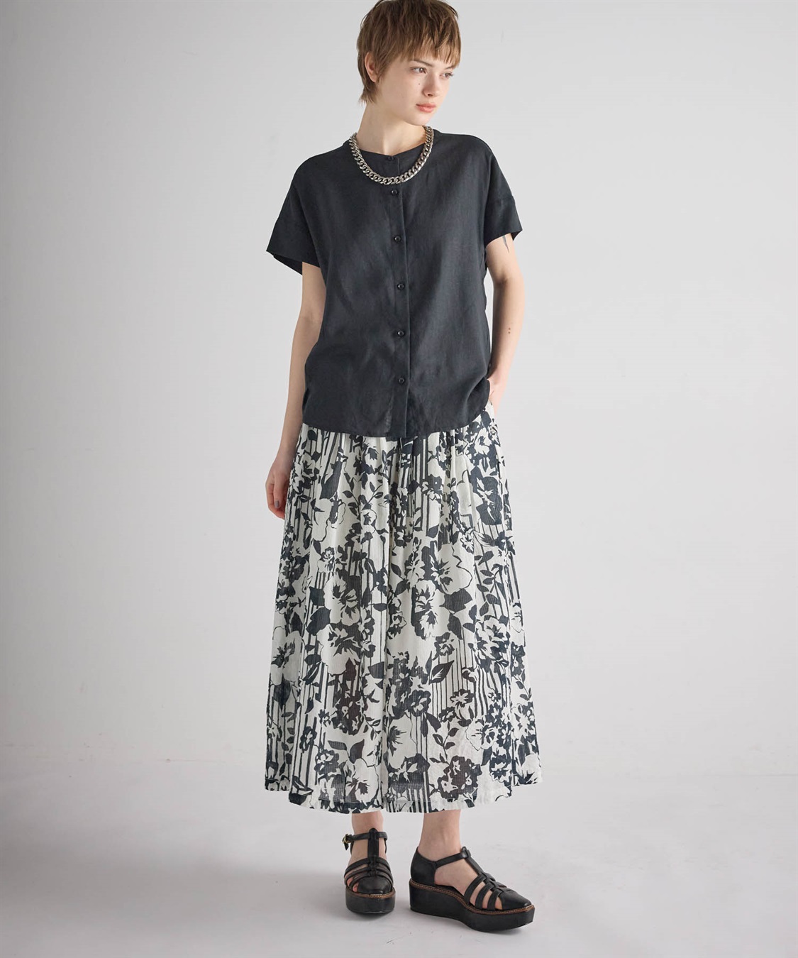 ATSURO TAYAMA モノトーンストライプ×フラワードレープスカート_sub_7